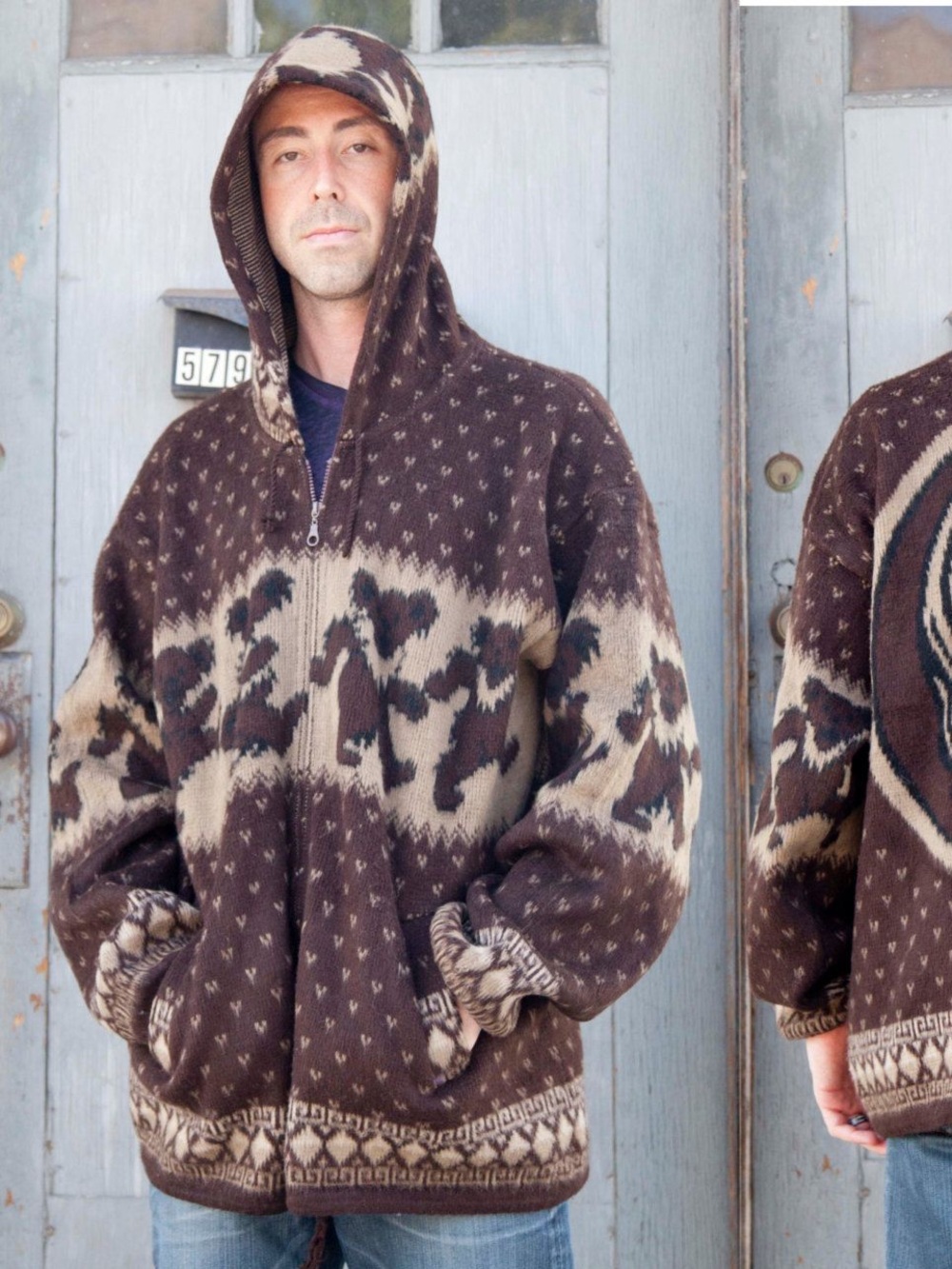 Grateful Dead Men’s Steal Your Face Skull Alpaca Wool Hoodie Sweater in Brown
